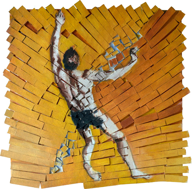 Painting of man falling and clutching at fragments of Broken World